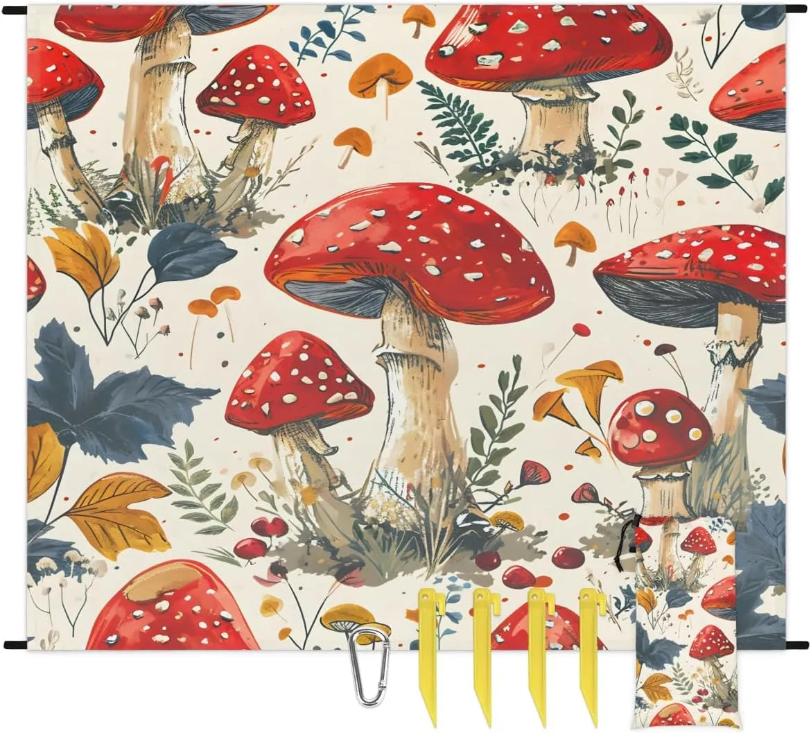 Beach Blanket, Watercolor Mushroom Sandproof Beach Mat, Waterproof Quick Drying Sand Free Mat with 4 x Ground Spikes for Outdoor Travel Camping Hiking, Wildflowers 68 x 59 in