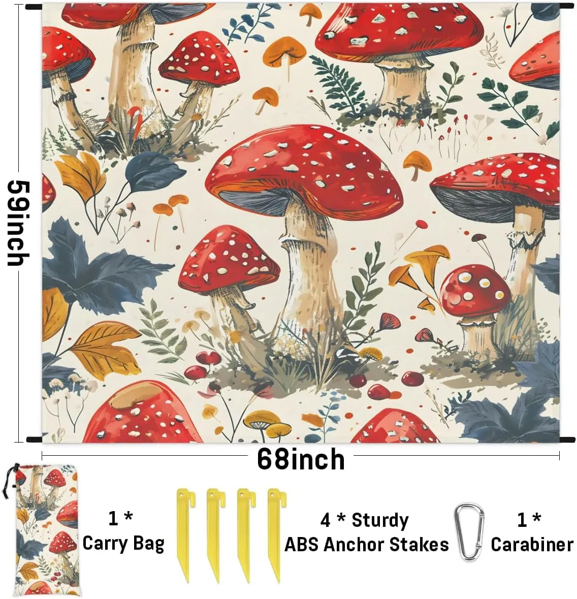 Beach Blanket, Watercolor Mushroom Sandproof Beach Mat, Waterproof Quick Drying Sand Free Mat with 4 x Ground Spikes for Outdoor Travel Camping Hiking, Wildflowers 68 x 59 in