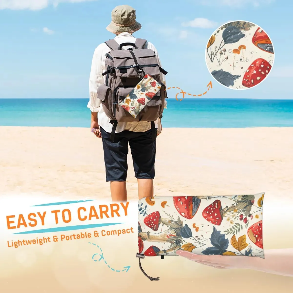 Beach Blanket, Watercolor Mushroom Sandproof Beach Mat, Waterproof Quick Drying Sand Free Mat with 4 x Ground Spikes for Outdoor Travel Camping Hiking, Wildflowers 68 x 59 in