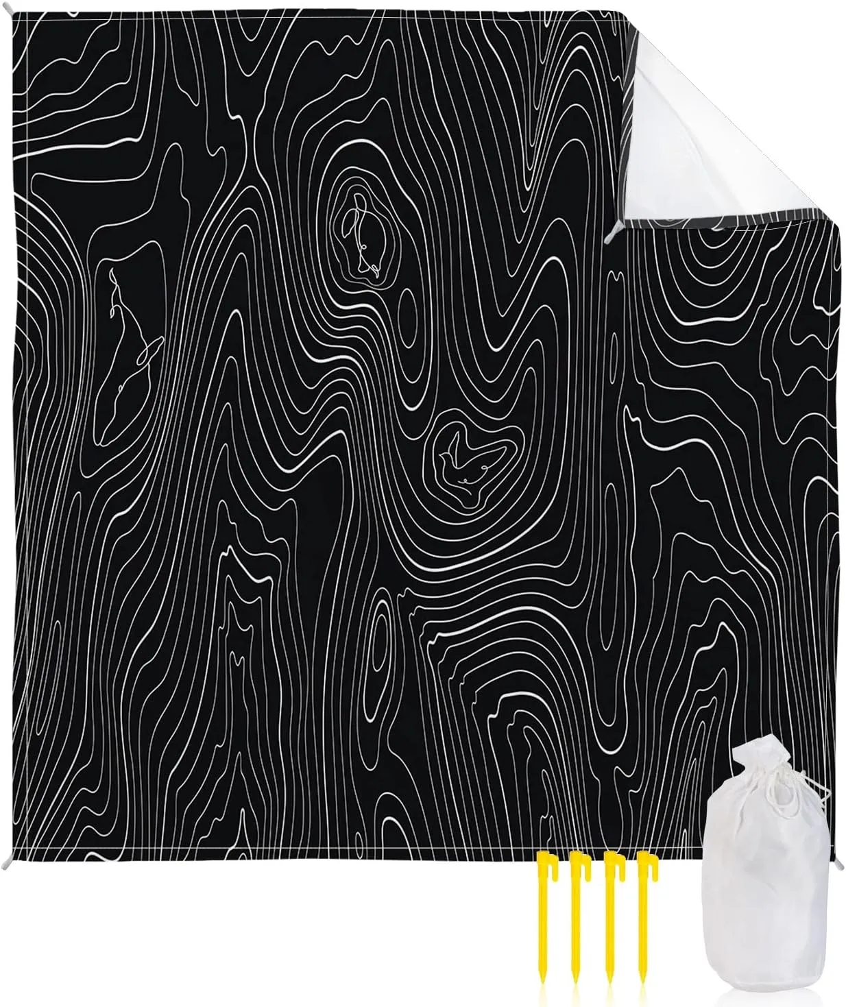 Beach Blanket Waterproof Sandproof 108”x84”, Abstract Black Mountain Range Stripes Oversized Beach Mat with 4 Corner Sand Pocket & 4 Stakes, Outdoor Picnic Mat for Camping Travel