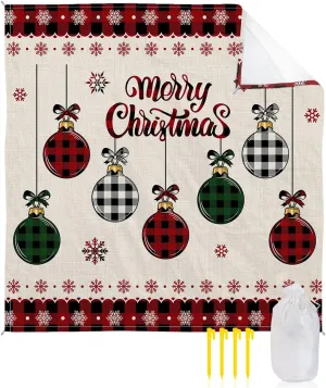 Beach Blanket Waterproof Sandproof 95”x80”, Christmas Color Lantern Red and Black Plaid Burlap Texture Oversized Beach Mat with 4 Corner Sand Pocket & 4 Stakes, Outdoor Picnic Mat for Camping Travel