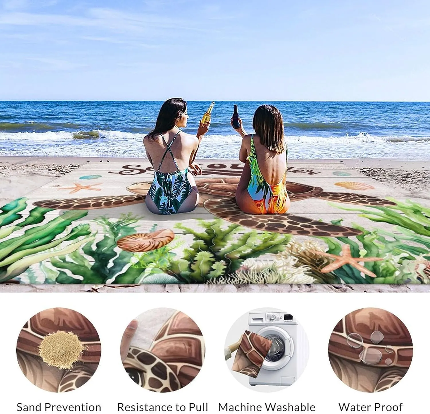Beach Blanket Waterproof Sandproof, Extra Large Beach Blanket Foldable Lightweight, Beach Blanket Sandproof Summer Essentials, Picnic Beach Blanket for Outdoor Vacation, 9.2x9.8Ft (Sea Turtle)
