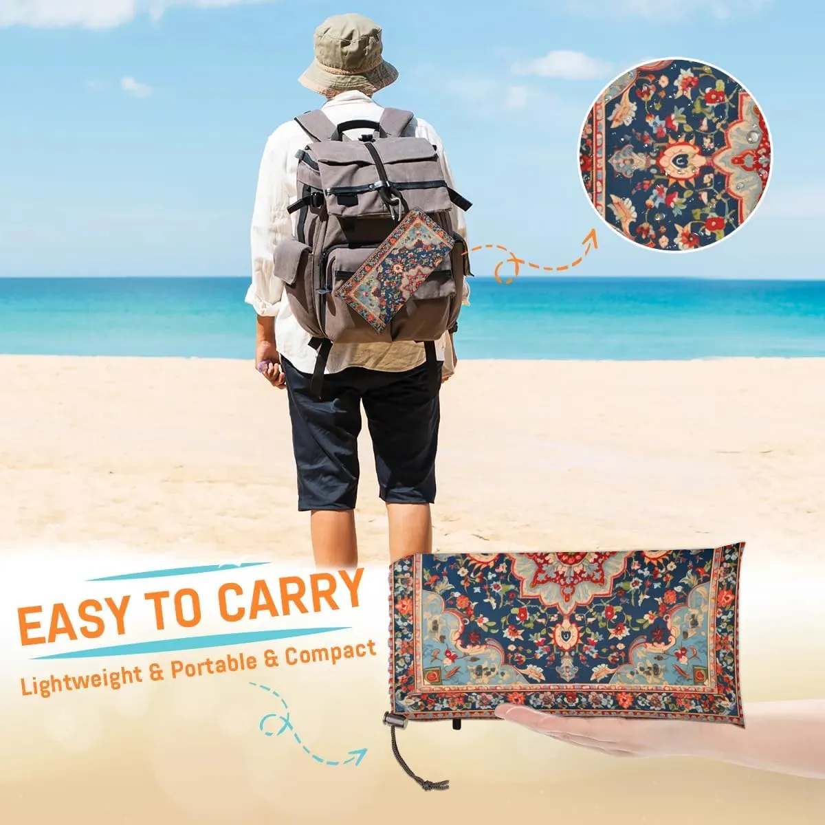 Beach Blanket, Western Aztec Sandproof Beach Mat, Waterproof Quick Drying Sand Free Mat with 4 x Ground Spikes for Outdoor Travel Camping Hiking, Bohemian Floral 68 x 59 in