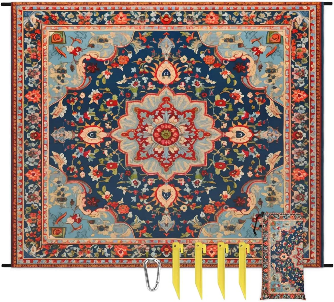 Beach Blanket, Western Aztec Sandproof Beach Mat, Waterproof Quick Drying Sand Free Mat with 4 x Ground Spikes for Outdoor Travel Camping Hiking, Bohemian Floral 68 x 59 in