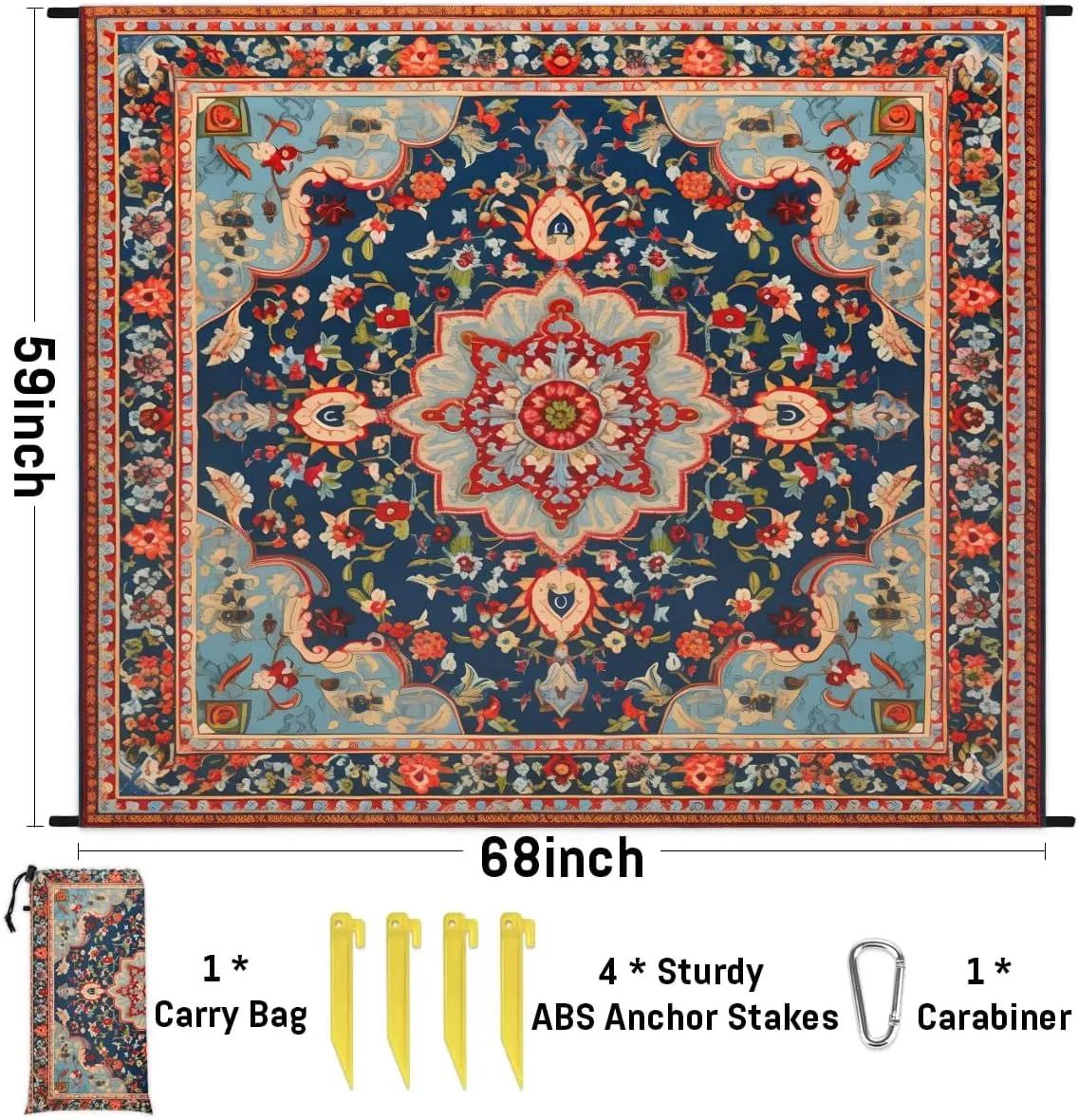 Beach Blanket, Western Aztec Sandproof Beach Mat, Waterproof Quick Drying Sand Free Mat with 4 x Ground Spikes for Outdoor Travel Camping Hiking, Bohemian Floral 68 x 59 in