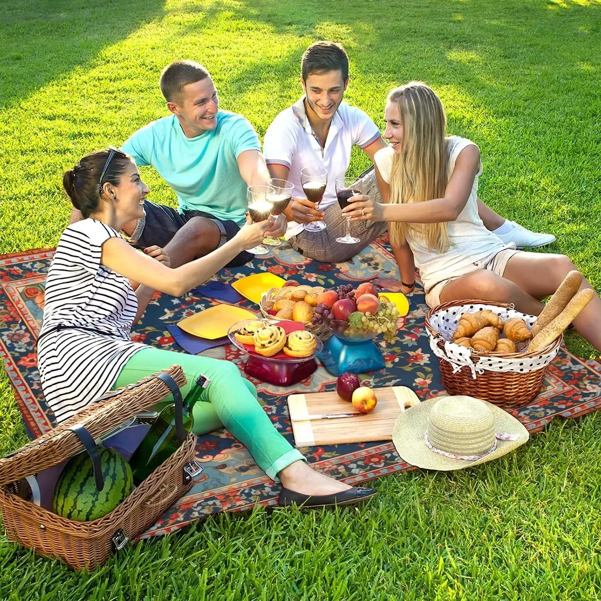 Beach Blanket, Western Aztec Sandproof Beach Mat, Waterproof Quick Drying Sand Free Mat with 4 x Ground Spikes for Outdoor Travel Camping Hiking, Bohemian Floral 68 x 59 in