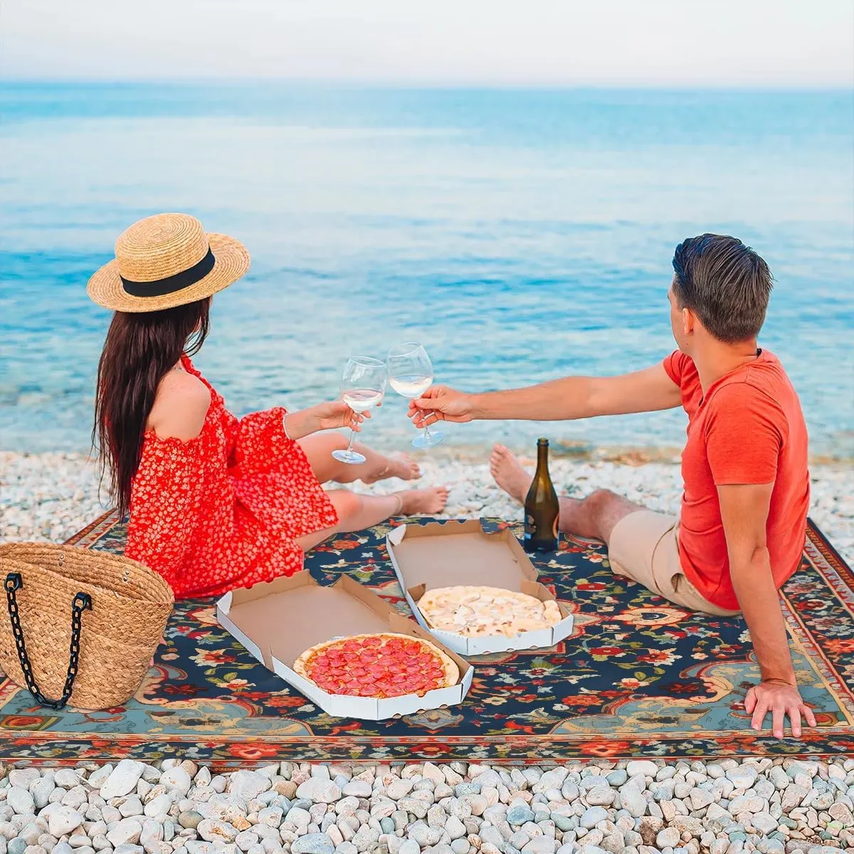 Beach Blanket, Western Aztec Sandproof Beach Mat, Waterproof Quick Drying Sand Free Mat with 4 x Ground Spikes for Outdoor Travel Camping Hiking, Bohemian Floral 68 x 59 in