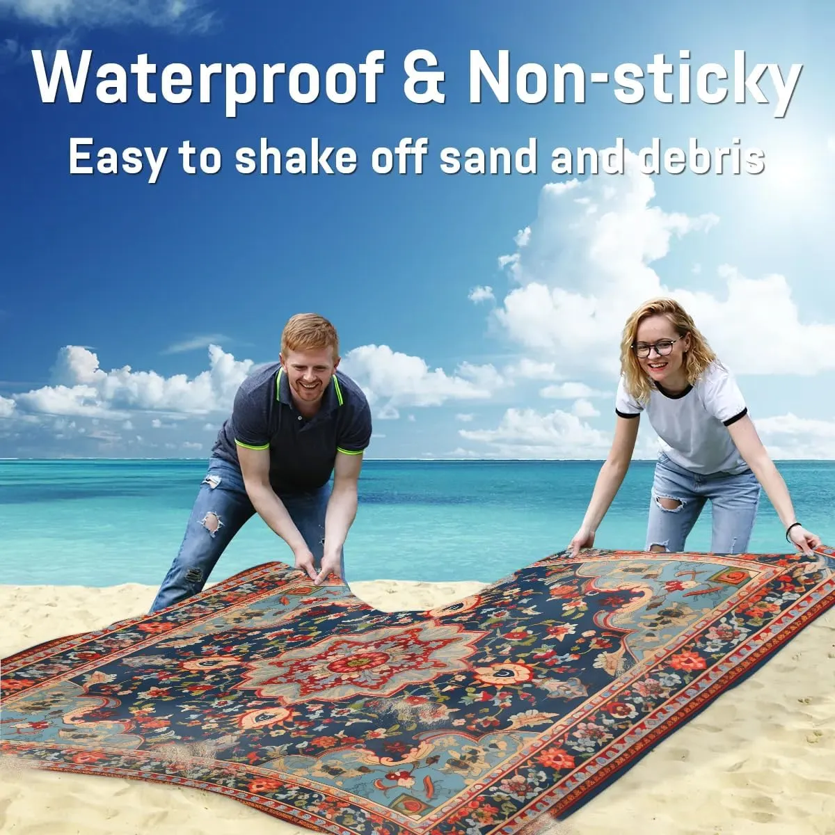 Beach Blanket, Western Aztec Sandproof Beach Mat, Waterproof Quick Drying Sand Free Mat with 4 x Ground Spikes for Outdoor Travel Camping Hiking, Bohemian Floral 68 x 59 in