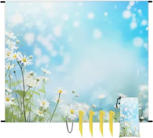 Beach Blanket, White Daisy Sandproof Beach Mat, Waterproof Quick Drying Sand Free Mat with 4 x Ground Spikes for Outdoor Travel Camping Hiking, Florals 68 x 59 in