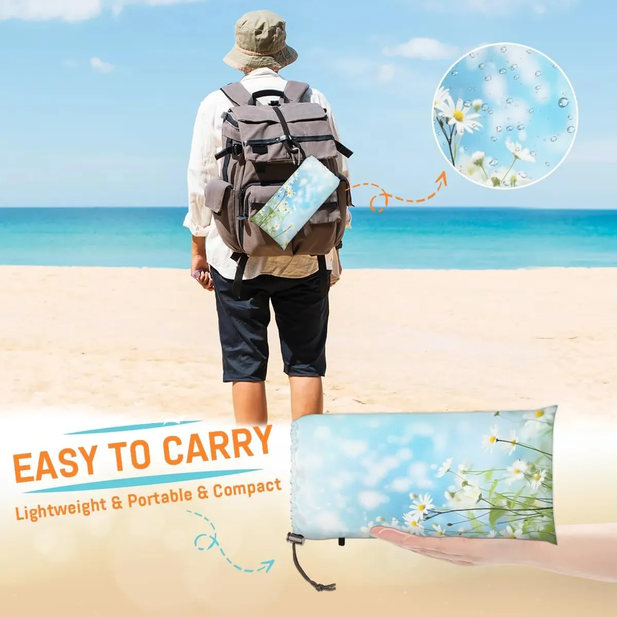 Beach Blanket, White Daisy Sandproof Beach Mat, Waterproof Quick Drying Sand Free Mat with 4 x Ground Spikes for Outdoor Travel Camping Hiking, Florals 68 x 59 in