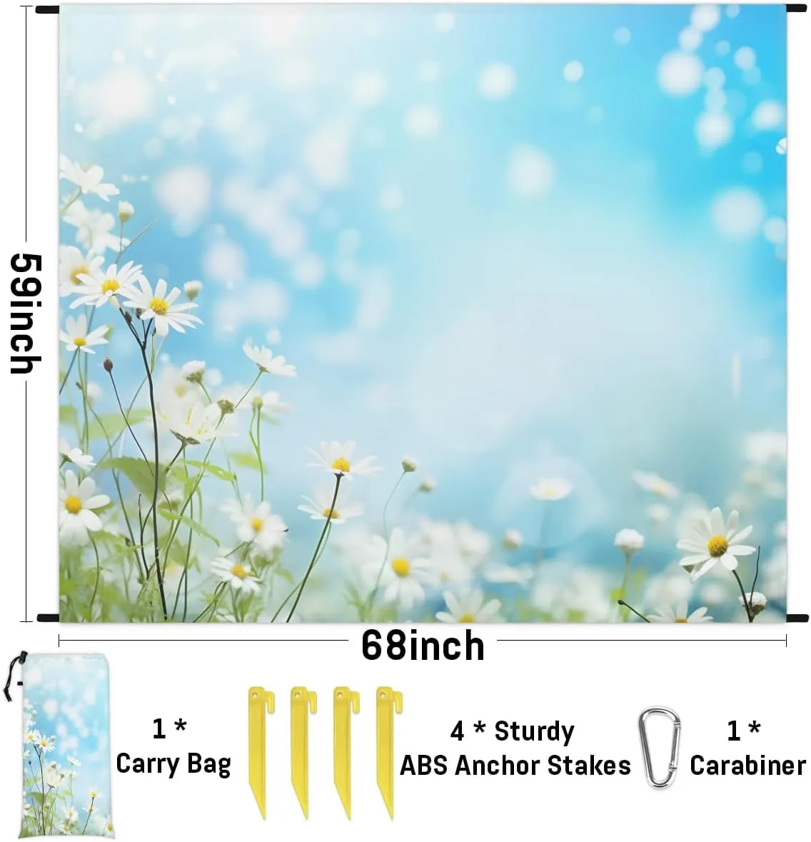 Beach Blanket, White Daisy Sandproof Beach Mat, Waterproof Quick Drying Sand Free Mat with 4 x Ground Spikes for Outdoor Travel Camping Hiking, Florals 68 x 59 in