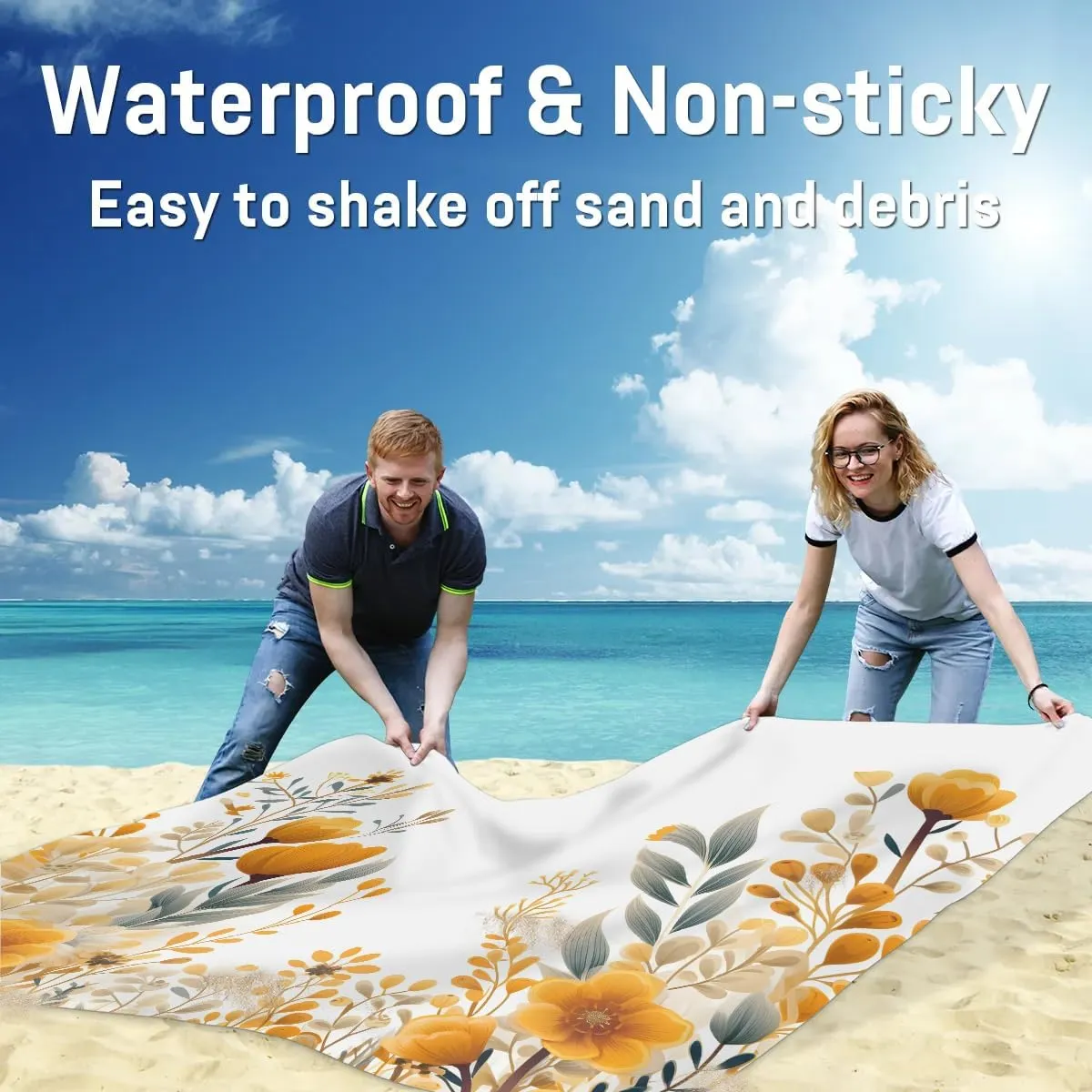 Beach Blanket, Yellow Bloom Flowers Sandproof Beach Mat, Waterproof Quick Drying Sand Free Mat with 4 x Ground Spikes for Outdoor Travel Camping Hiking, Spring Summer Daisy 68 x 59 in