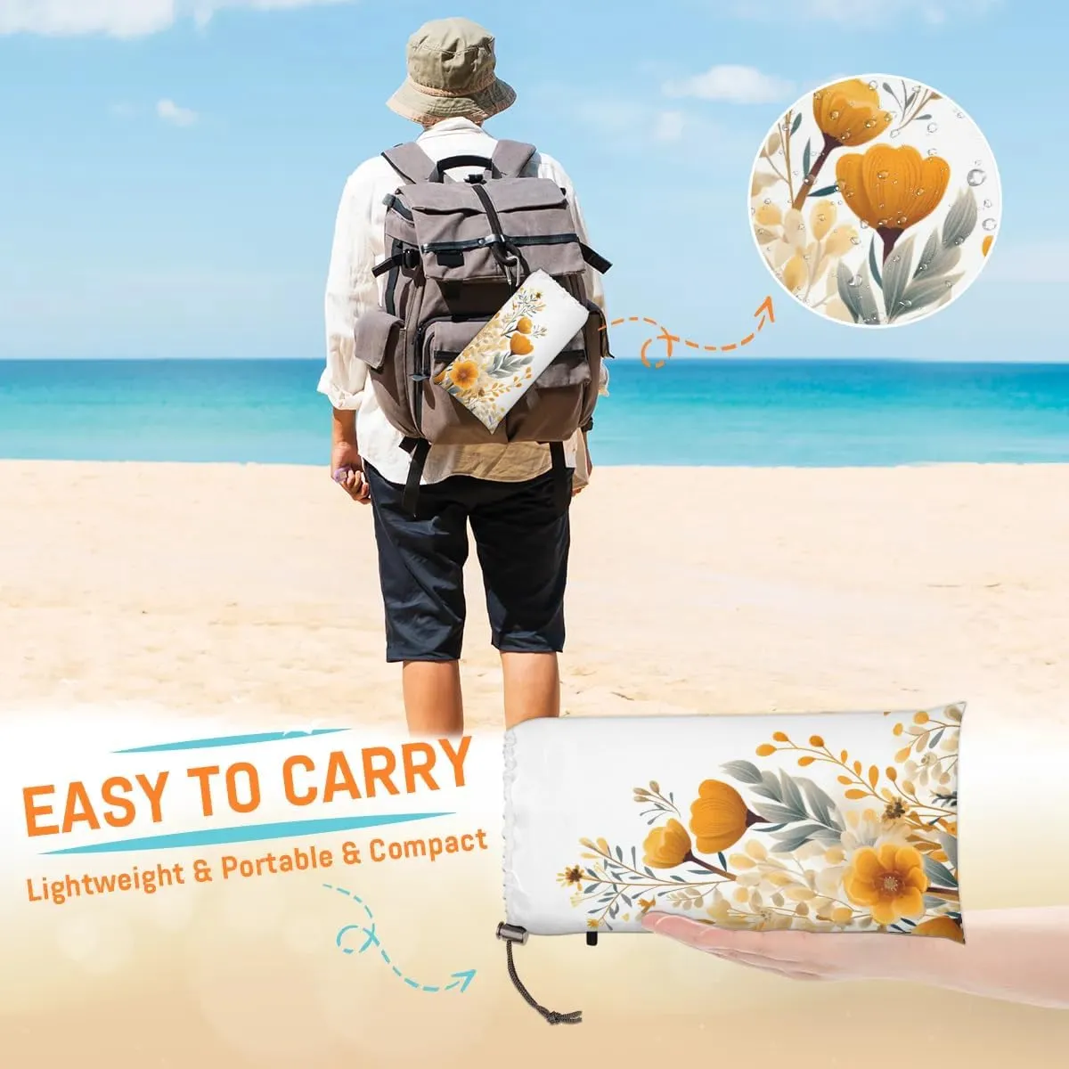 Beach Blanket, Yellow Bloom Flowers Sandproof Beach Mat, Waterproof Quick Drying Sand Free Mat with 4 x Ground Spikes for Outdoor Travel Camping Hiking, Spring Summer Daisy 68 x 59 in