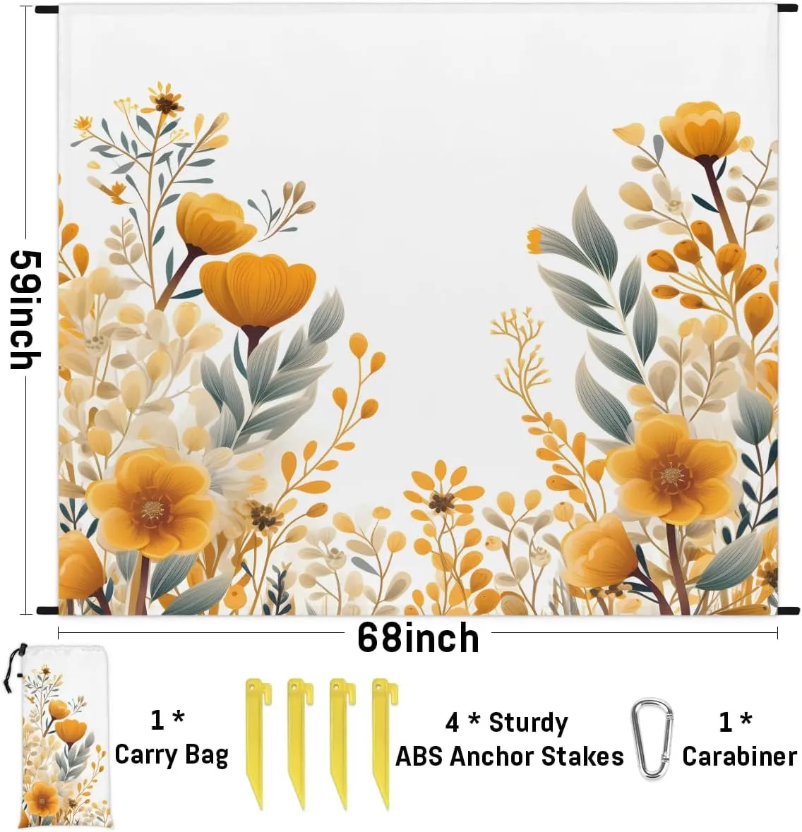 Beach Blanket, Yellow Bloom Flowers Sandproof Beach Mat, Waterproof Quick Drying Sand Free Mat with 4 x Ground Spikes for Outdoor Travel Camping Hiking, Spring Summer Daisy 68 x 59 in