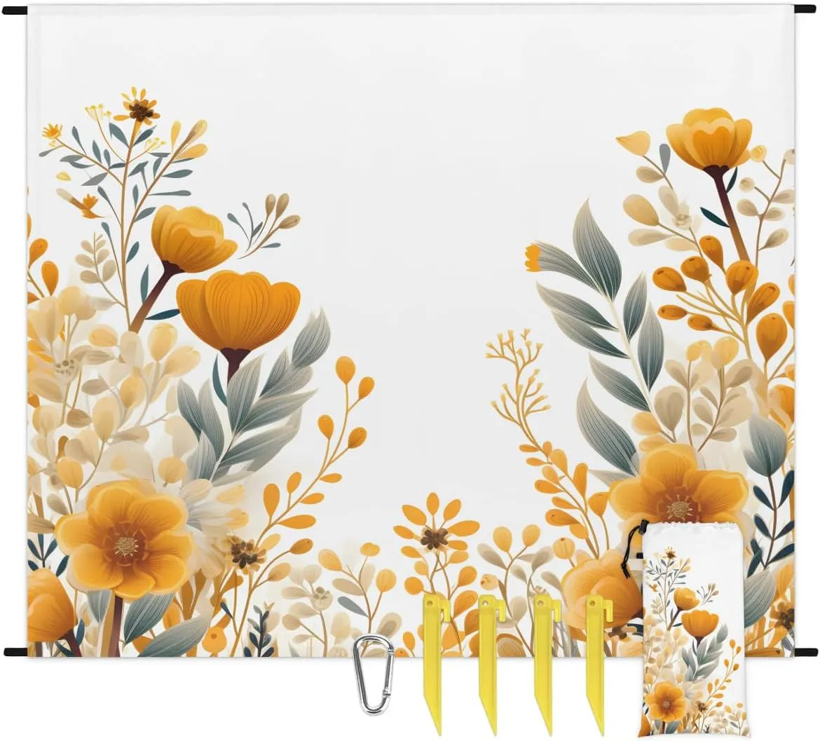 Beach Blanket, Yellow Bloom Flowers Sandproof Beach Mat, Waterproof Quick Drying Sand Free Mat with 4 x Ground Spikes for Outdoor Travel Camping Hiking, Spring Summer Daisy 68 x 59 in