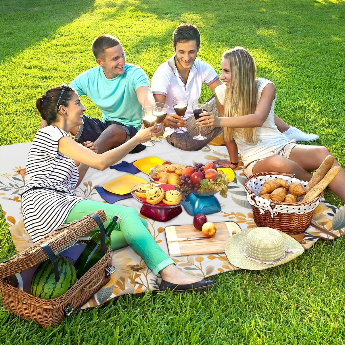 Beach Blanket, Yellow Bloom Flowers Sandproof Beach Mat, Waterproof Quick Drying Sand Free Mat with 4 x Ground Spikes for Outdoor Travel Camping Hiking, Spring Summer Daisy 68 x 59 in
