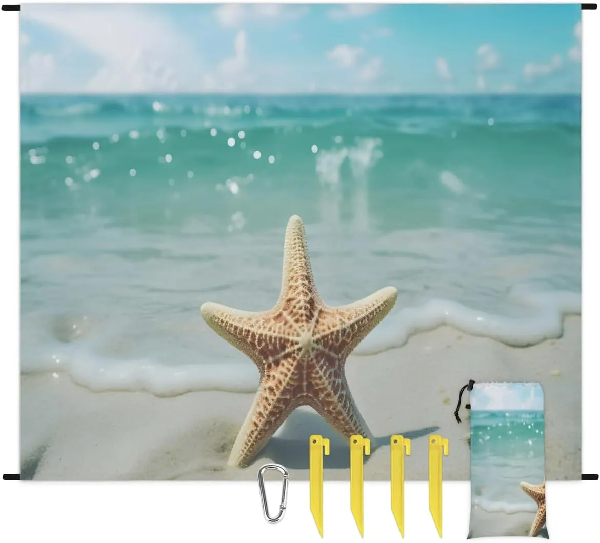 Beach Blanket, Yellow Starfish Beach Sandproof Beach Mat, Waterproof Quick Drying Sand Free Mat with 4 x Ground Spikes for Outdoor Travel Camping Hiking, Beach 68 x 59 in