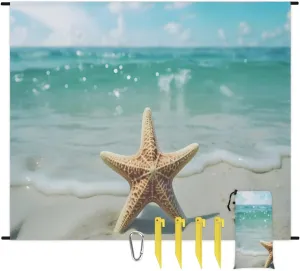 Beach Blanket, Yellow Starfish Beach Sandproof Beach Mat, Waterproof Quick Drying Sand Free Mat with 4 x Ground Spikes for Outdoor Travel Camping Hiking, Beach 68 x 59 in