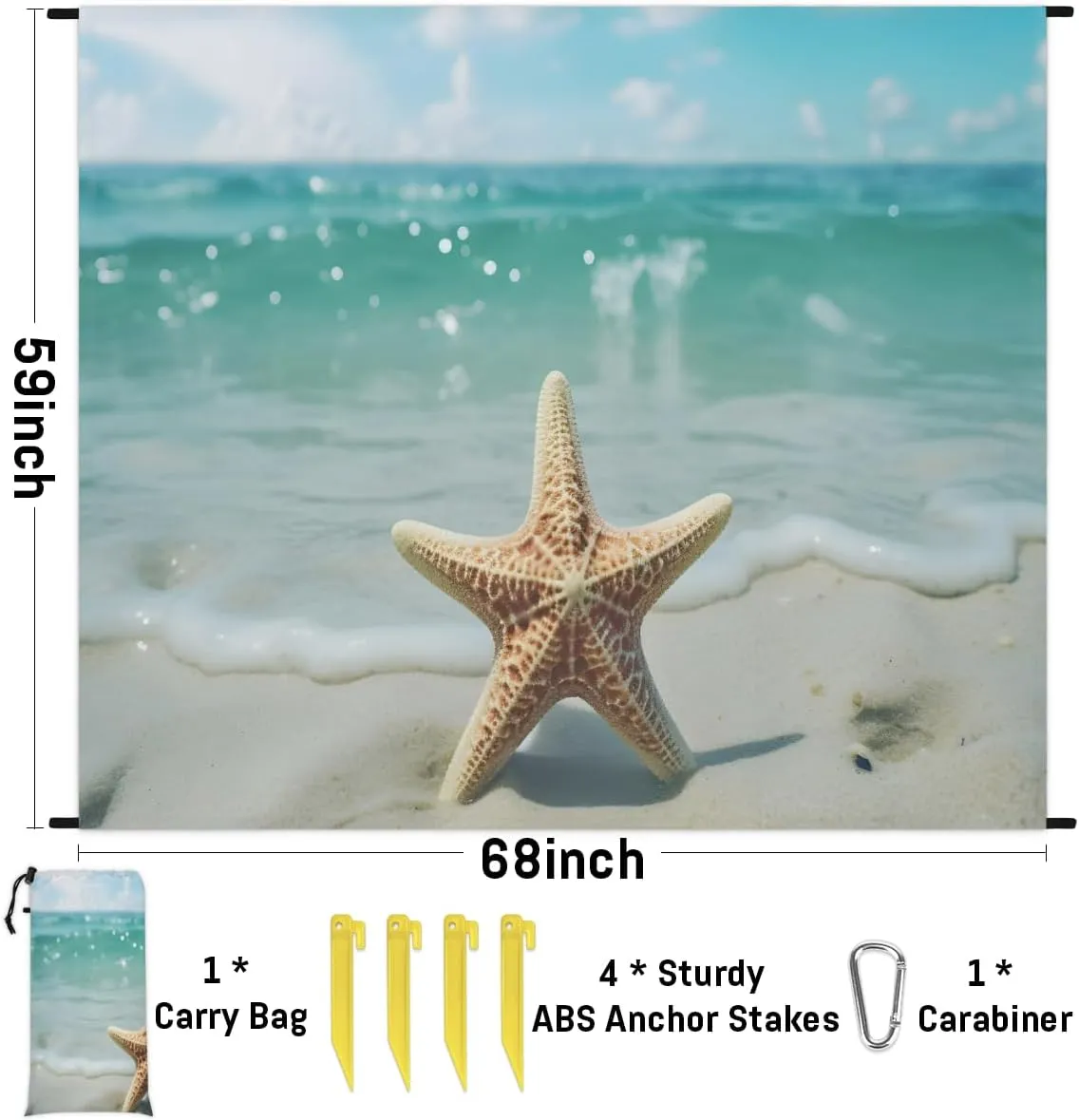 Beach Blanket, Yellow Starfish Beach Sandproof Beach Mat, Waterproof Quick Drying Sand Free Mat with 4 x Ground Spikes for Outdoor Travel Camping Hiking, Beach 68 x 59 in