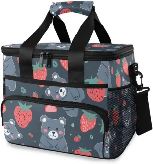 Bear Strawberry Black Cooler Bag Insulated Cooler Soft Sided Cooler 24 Can Portable Picnic Bag Large Leakproof Lunch Bag Box for Beach Grocery Camping Travel Car Men Women