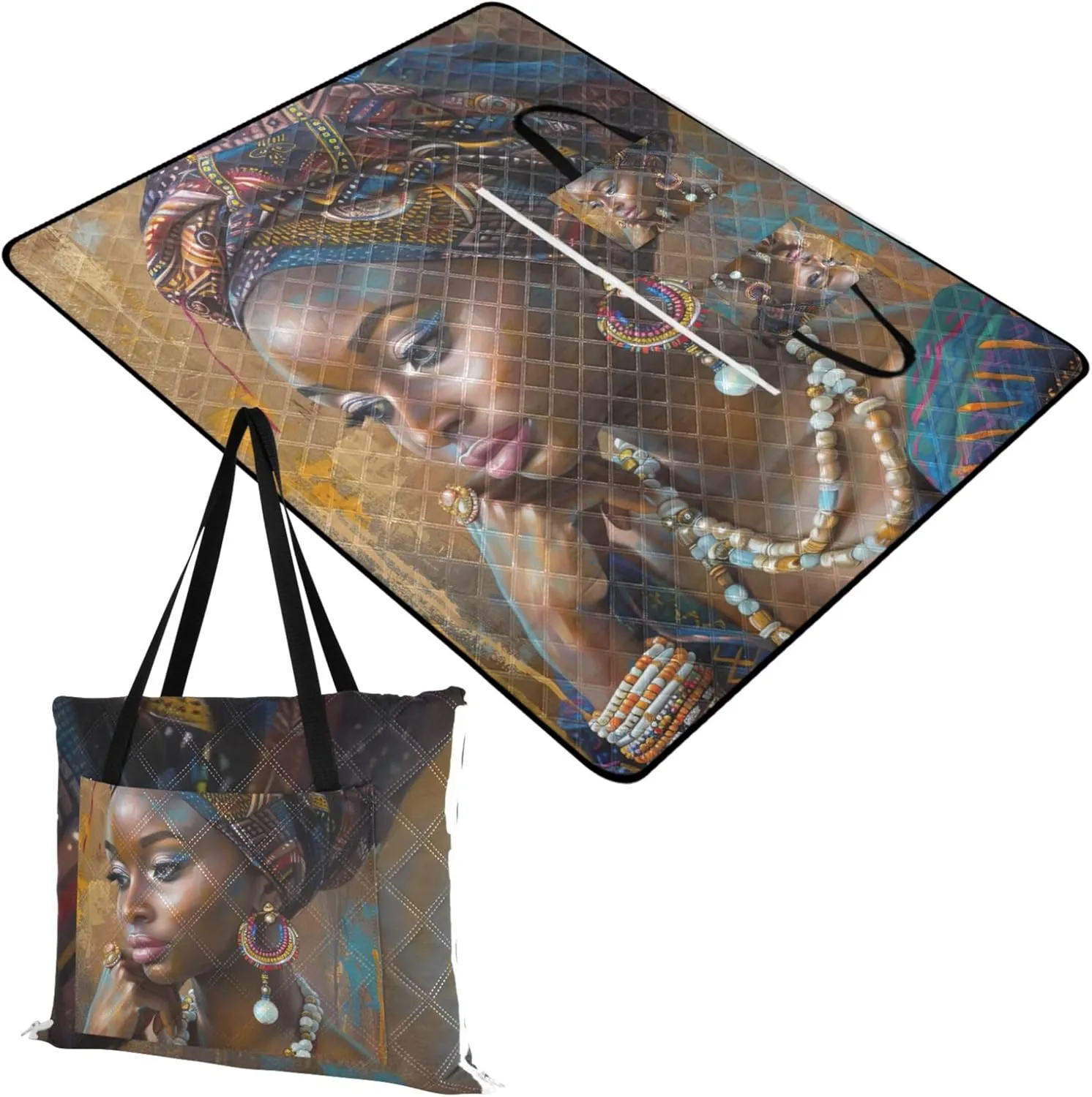 Beautiful African Woman Waterproof Beach Blanket Sand Proof Grass Blanket Camping Mat Picnic Supplies Foldable Mat 80" x 60"