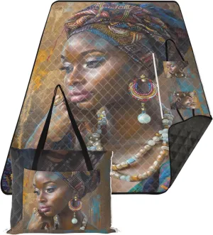 Beautiful African Woman Waterproof Beach Blanket Sand Proof Grass Blanket Camping Mat Picnic Supplies Foldable Mat 80" x 60"