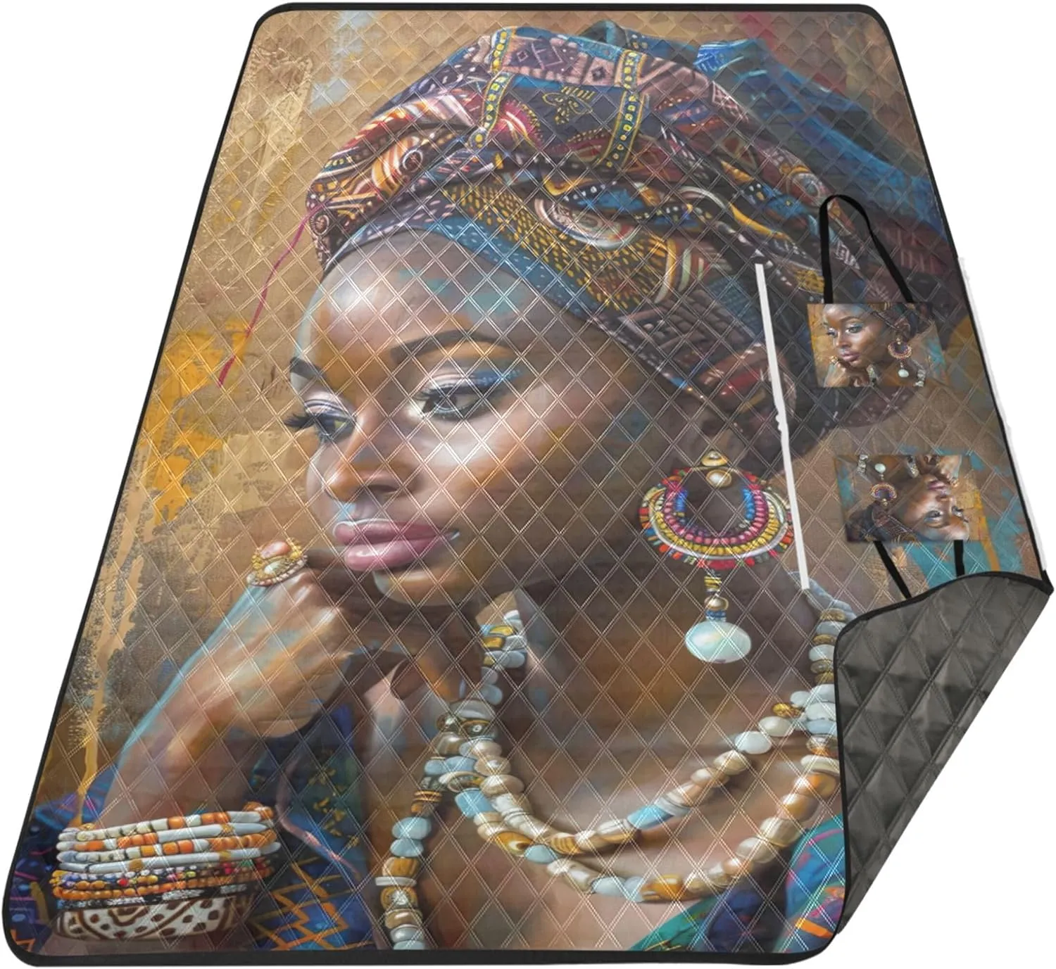 Beautiful African Woman Waterproof Beach Blanket Sand Proof Grass Blanket Camping Mat Picnic Supplies Foldable Mat 80" x 60"