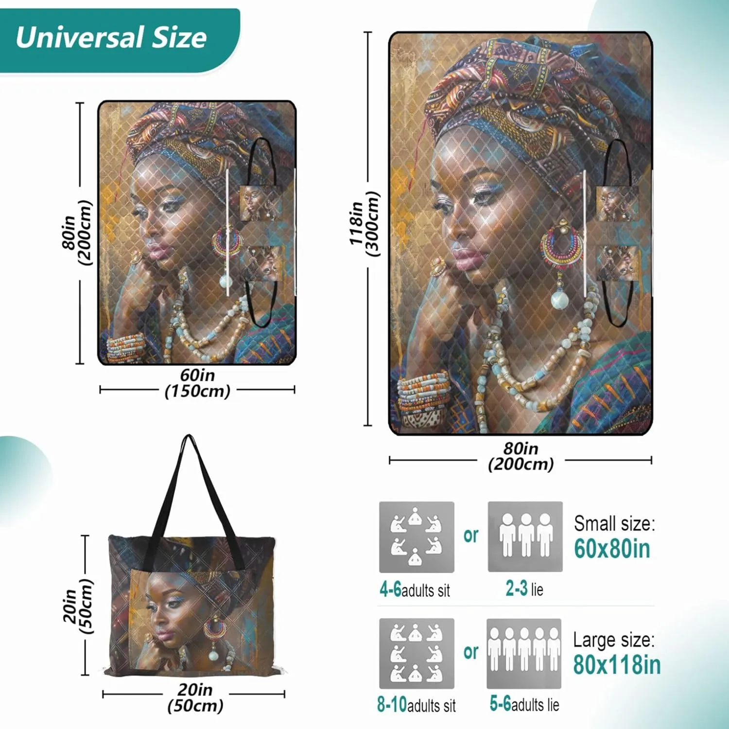 Beautiful African Woman Waterproof Beach Blanket Sand Proof Grass Blanket Camping Mat Picnic Supplies Foldable Mat 80" x 60"