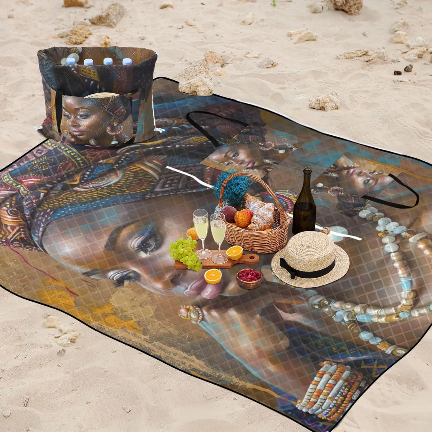 Beautiful African Woman Waterproof Beach Blanket Sand Proof Grass Blanket Camping Mat Picnic Supplies Foldable Mat 80" x 60"