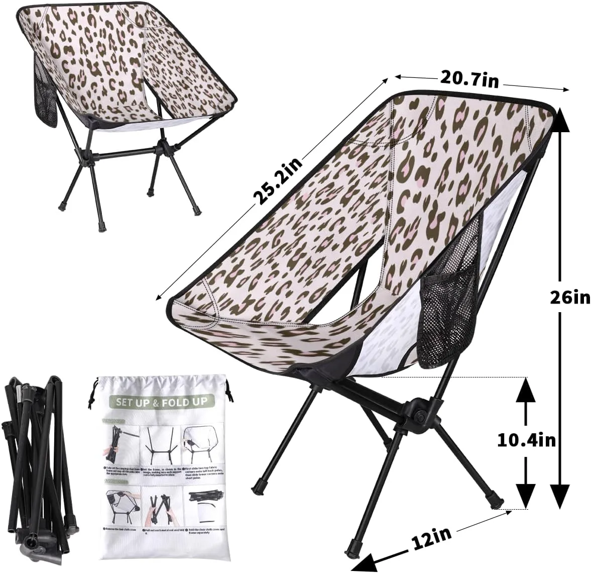 Beautiful Cheetah Skin Leopard Camping Chair Lightweight Portable Chairs for Adults Easy Installation Outdoor Foldable Camping Chair for Camping Fishing Hiking Picnic Beach