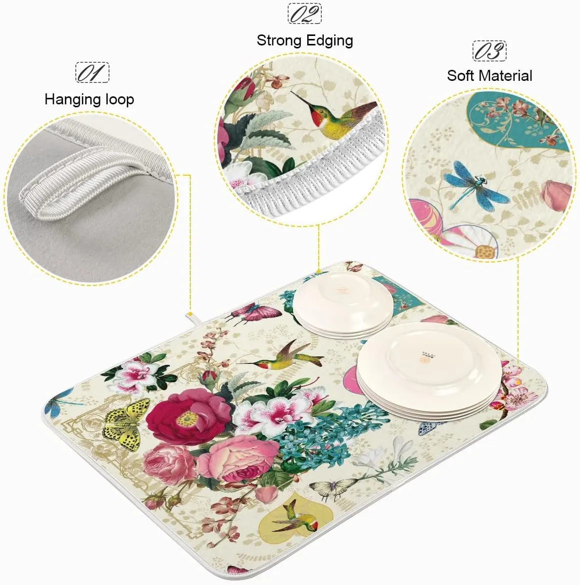 Beautiful Flower Dish Drying Mat For Kitchen Counter, Ultra Absorbent Reversible Microfiber, and Protector for Kitchen Countertops 18 In x 24 In