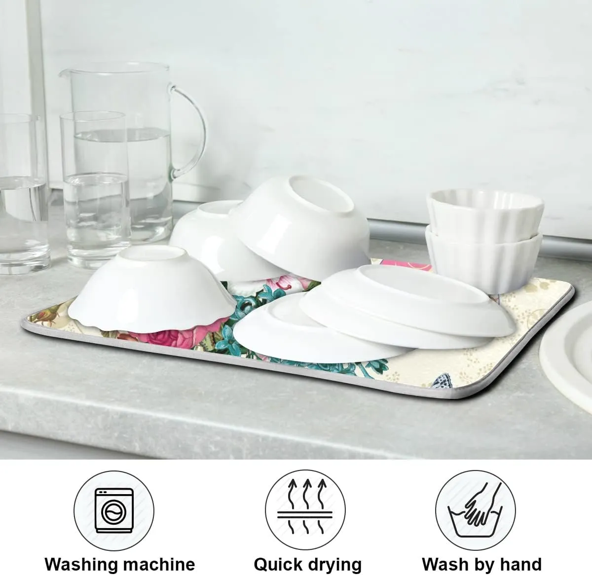 Beautiful Flower Dish Drying Mat For Kitchen Counter, Ultra Absorbent Reversible Microfiber, and Protector for Kitchen Countertops 18 In x 24 In