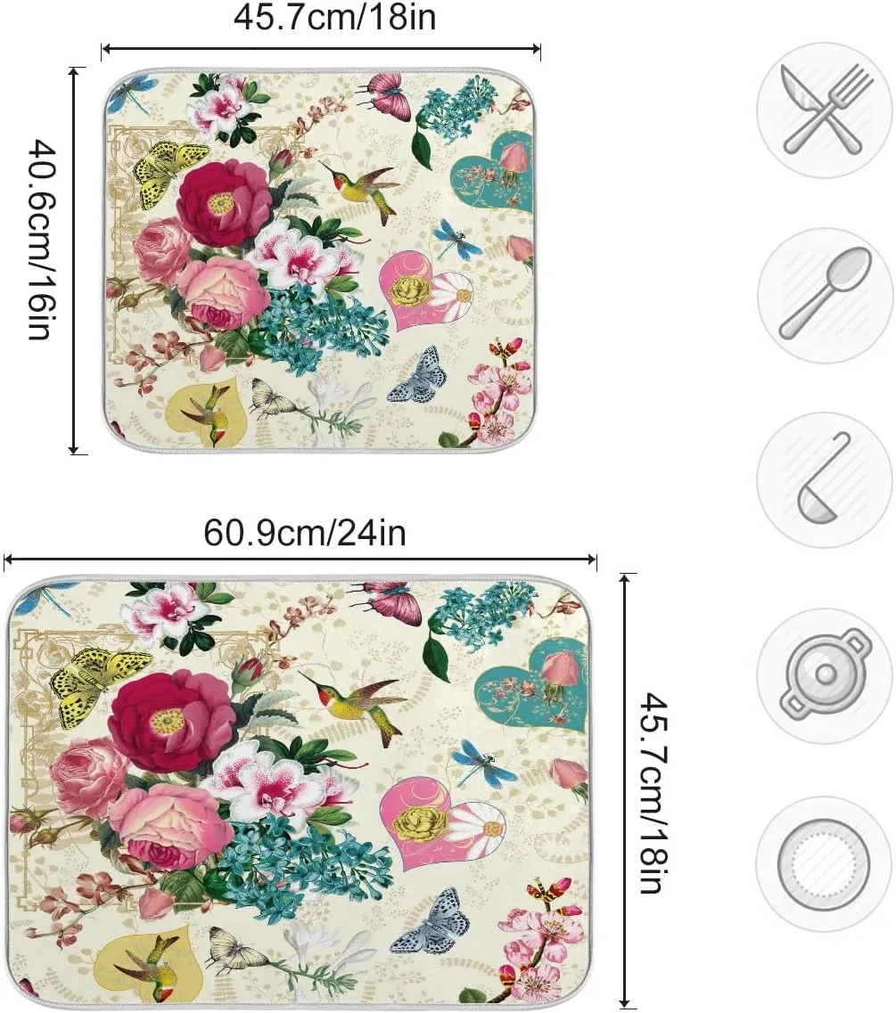 Beautiful Flower Dish Drying Mat For Kitchen Counter, Ultra Absorbent Reversible Microfiber, and Protector for Kitchen Countertops 18 In x 24 In