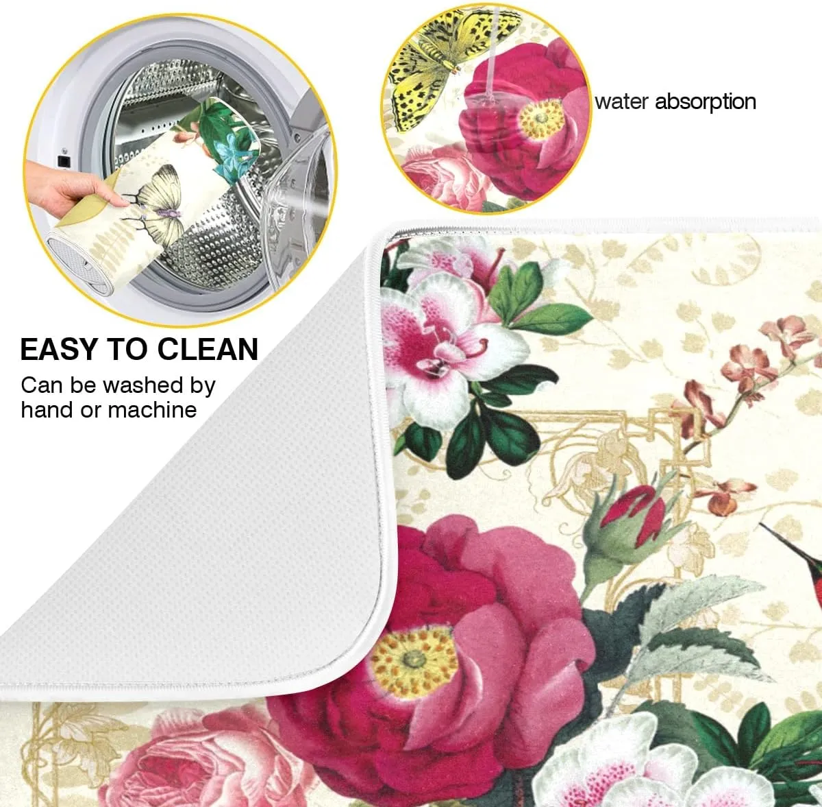 Beautiful Flower Dish Drying Mat For Kitchen Counter, Ultra Absorbent Reversible Microfiber, and Protector for Kitchen Countertops 18 In x 24 In