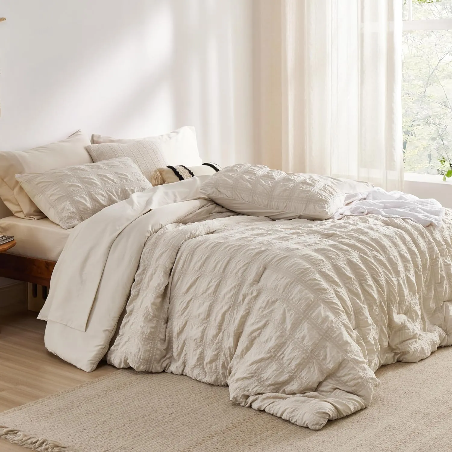 Bedsure Bed in a Bag Full - 7 Pieces Plaid Seersucker Bedding Comforter Sets, Soft Lightweight Beige Boho Bed Set with Comforters Full Size, Sheets, Pillowcases & Shams
