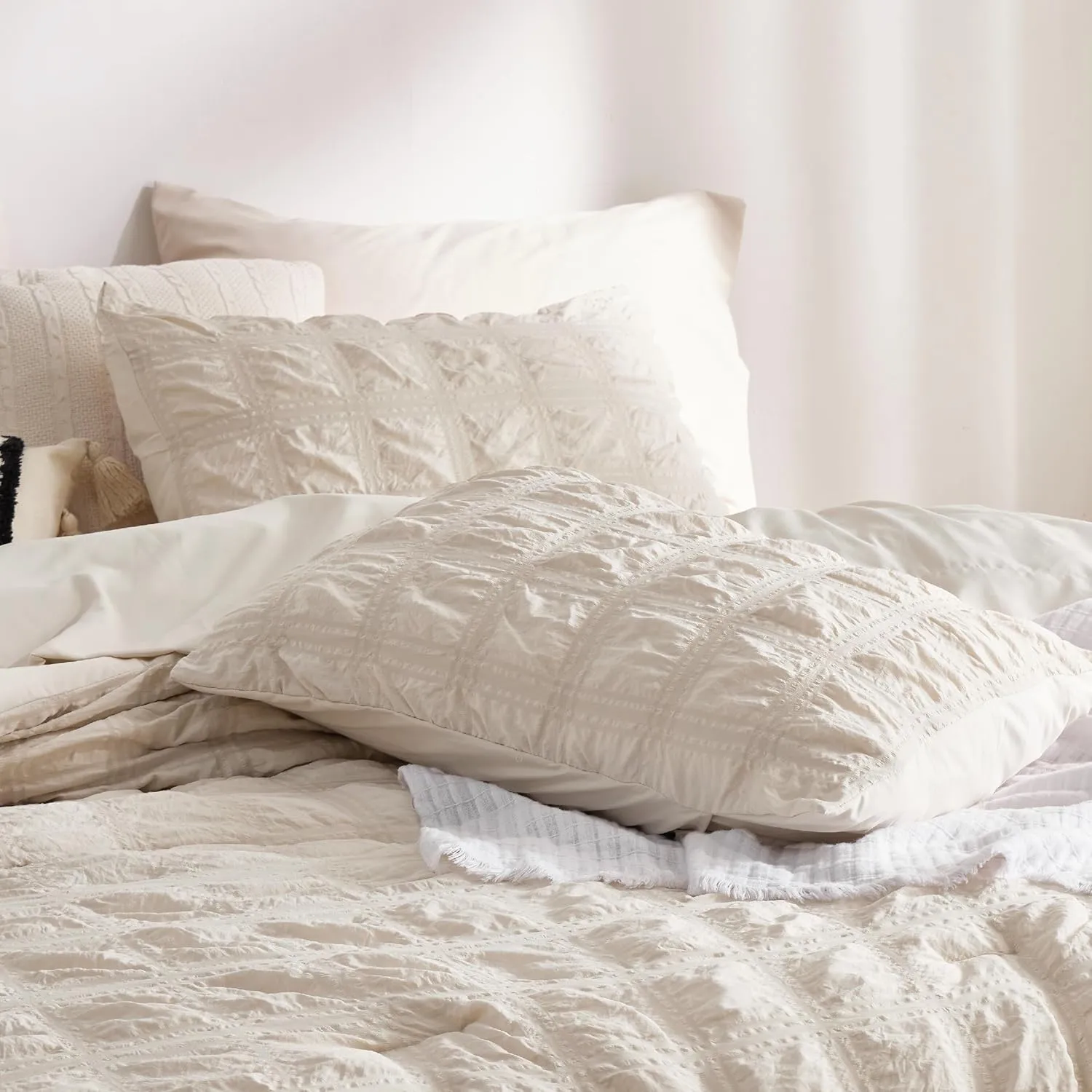 Bedsure Bed in a Bag Full - 7 Pieces Plaid Seersucker Bedding Comforter Sets, Soft Lightweight Beige Boho Bed Set with Comforters Full Size, Sheets, Pillowcases & Shams