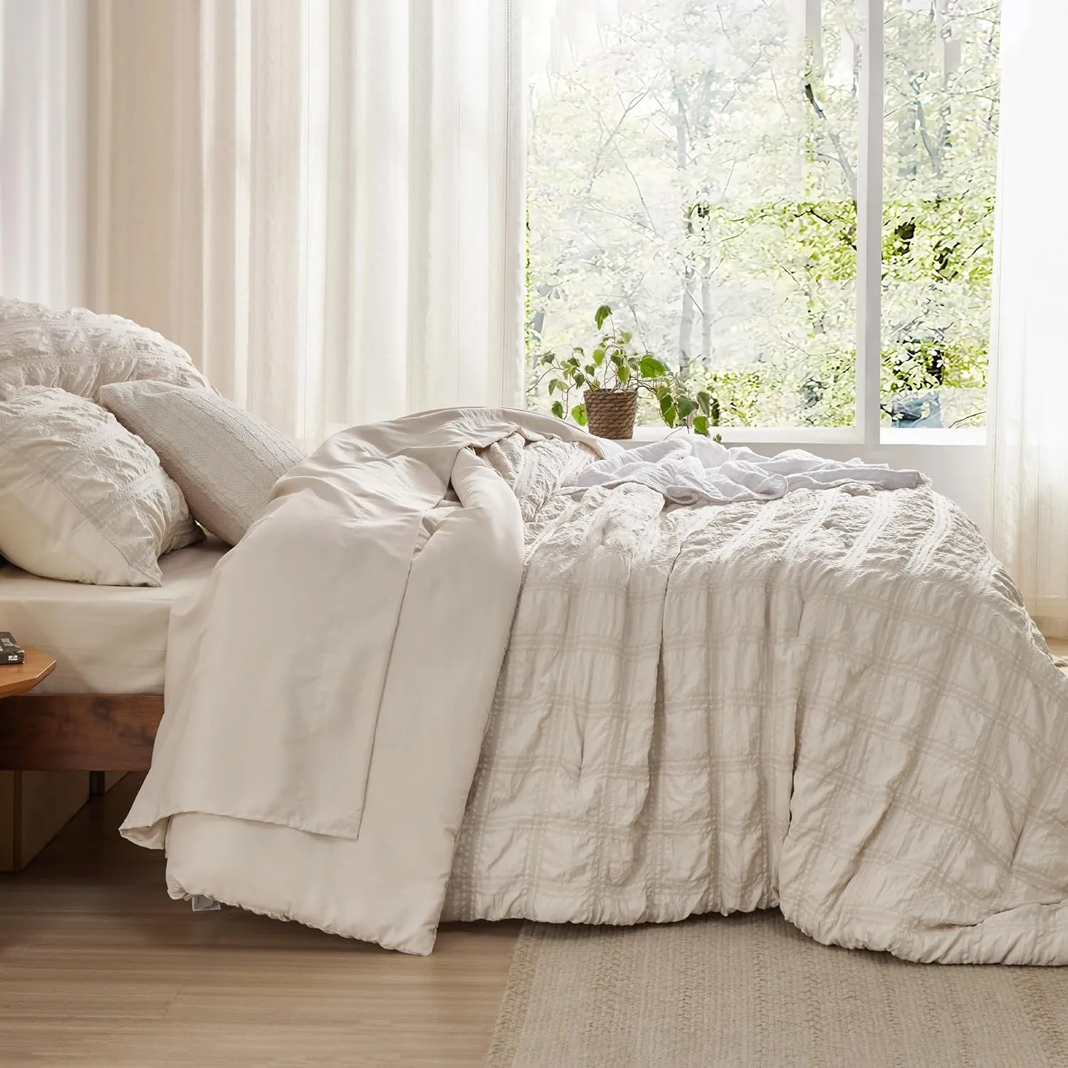 Bedsure Bed in a Bag Full - 7 Pieces Plaid Seersucker Bedding Comforter Sets, Soft Lightweight Beige Boho Bed Set with Comforters Full Size, Sheets, Pillowcases & Shams