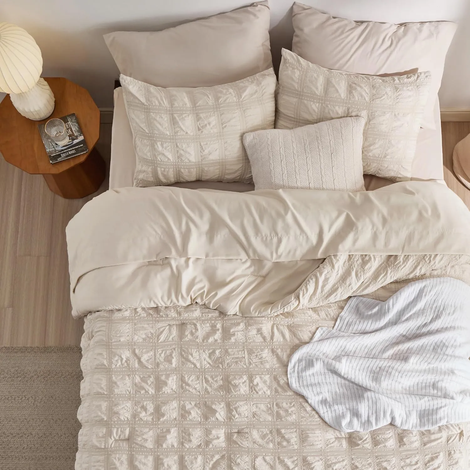 Bedsure Bed in a Bag Full - 7 Pieces Plaid Seersucker Bedding Comforter Sets, Soft Lightweight Beige Boho Bed Set with Comforters Full Size, Sheets, Pillowcases & Shams