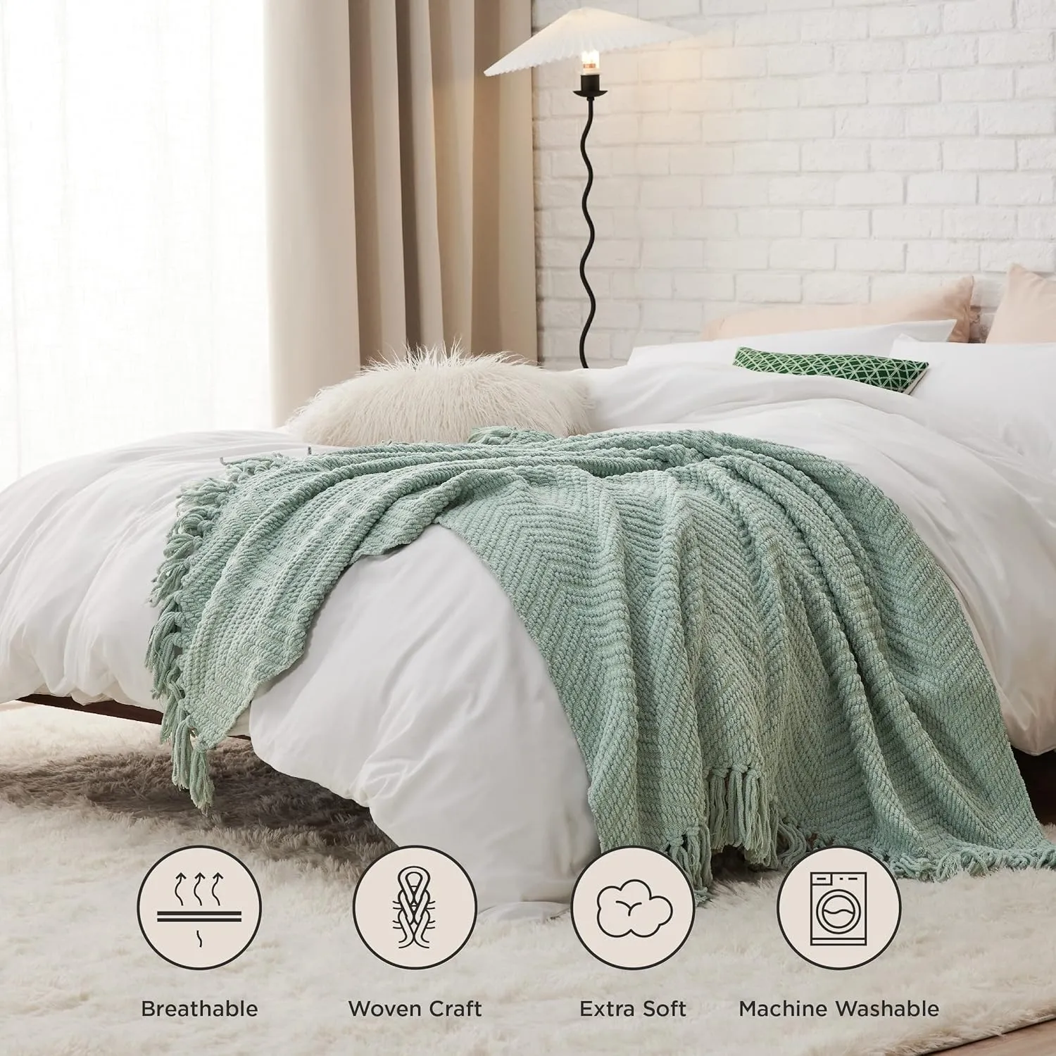 Bedsure Sage Green Throw Blanket for Couch – Versatile Knit Woven Chenille Blanket for Chair, Super Soft, Warm & Decorative Blanket with Tassels for Bed, Sofa and Living Room (Sage Green, Throw)