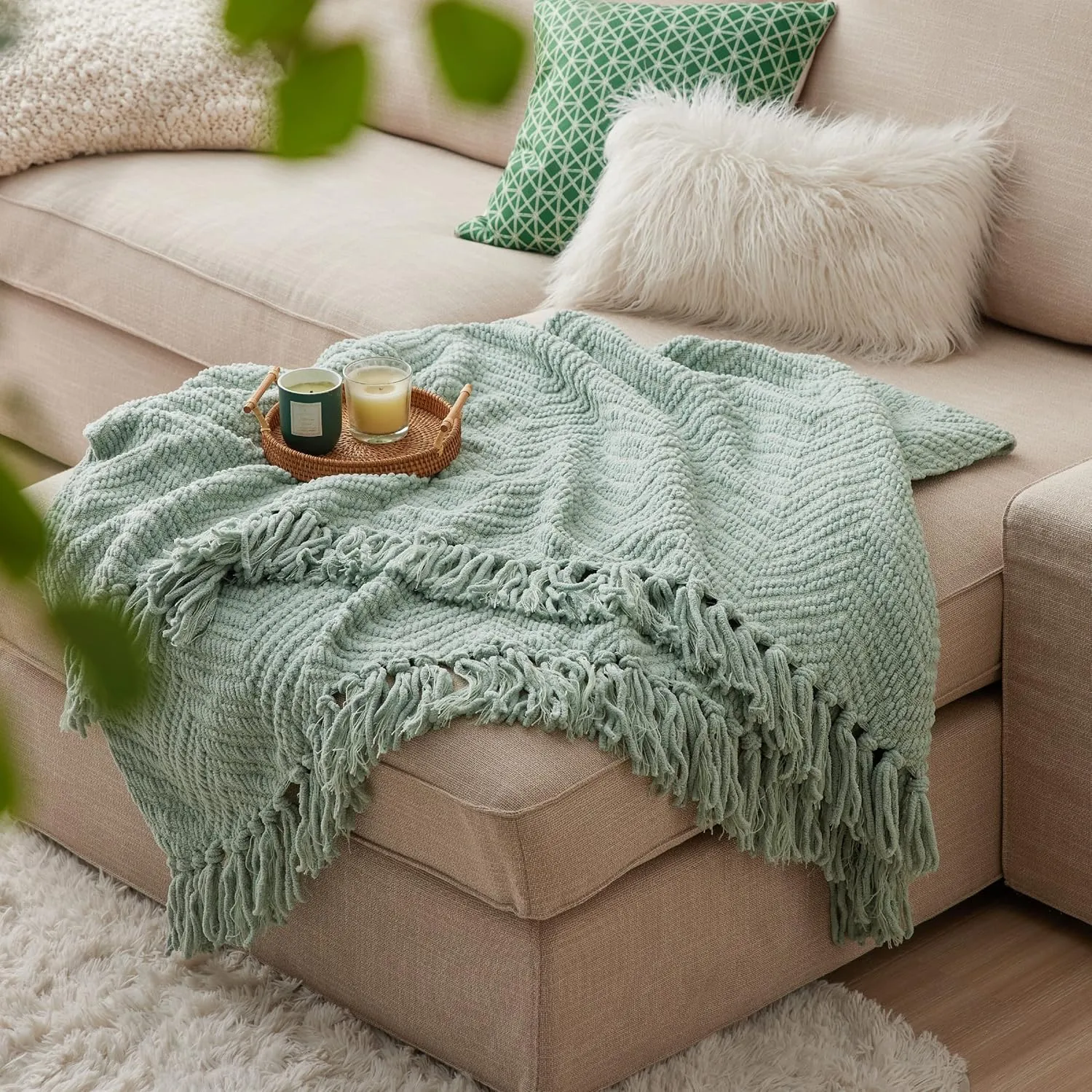 Bedsure Sage Green Throw Blanket for Couch – Versatile Knit Woven Chenille Blanket for Chair, Super Soft, Warm & Decorative Blanket with Tassels for Bed, Sofa and Living Room (Sage Green, Throw)