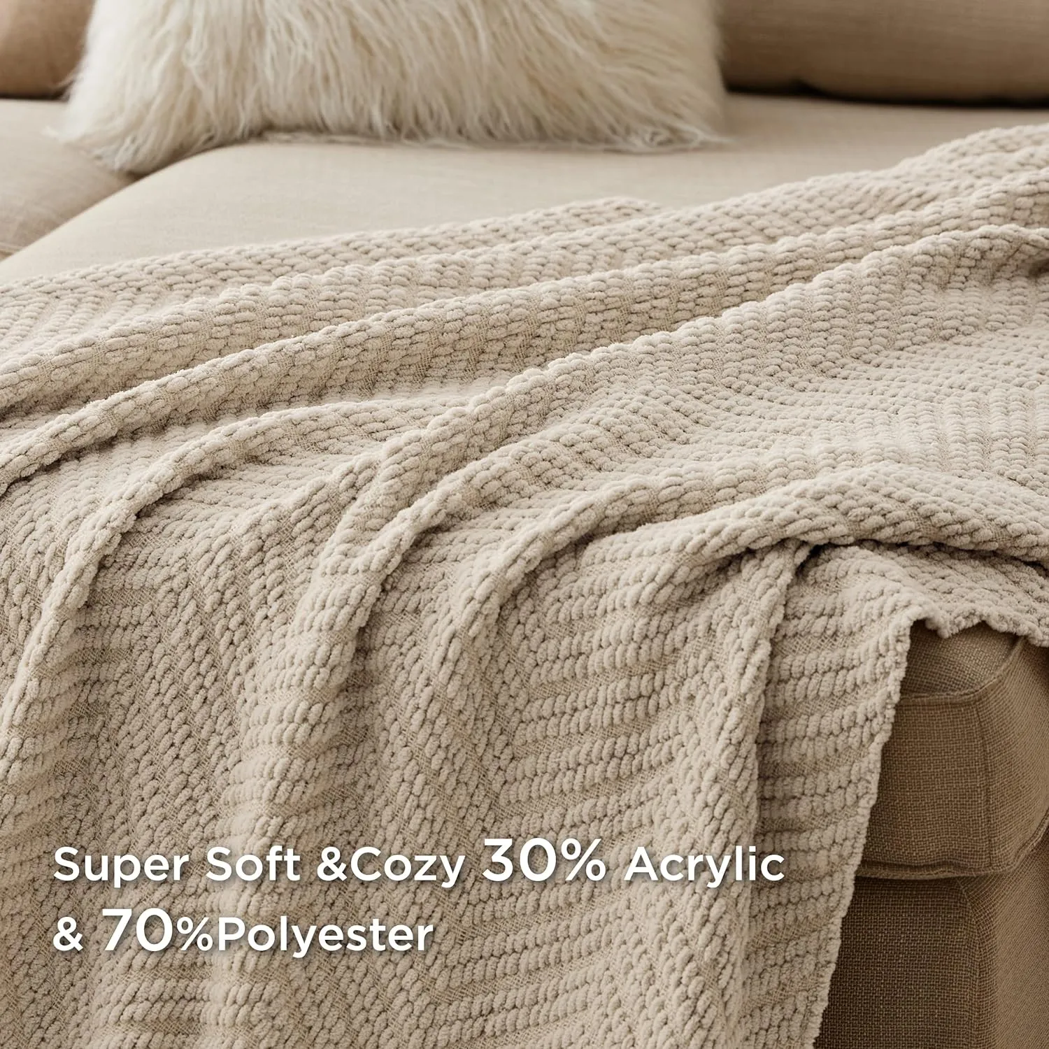 Bedsure Throw Blankets for Couch - Textured Chunky Knit Woven Chenille Blanket - Super Soft, Warm Decorative Boho Throw with Tassels for Bed, Sofa and Living Room Decor, Taupe, 50x60 Inches