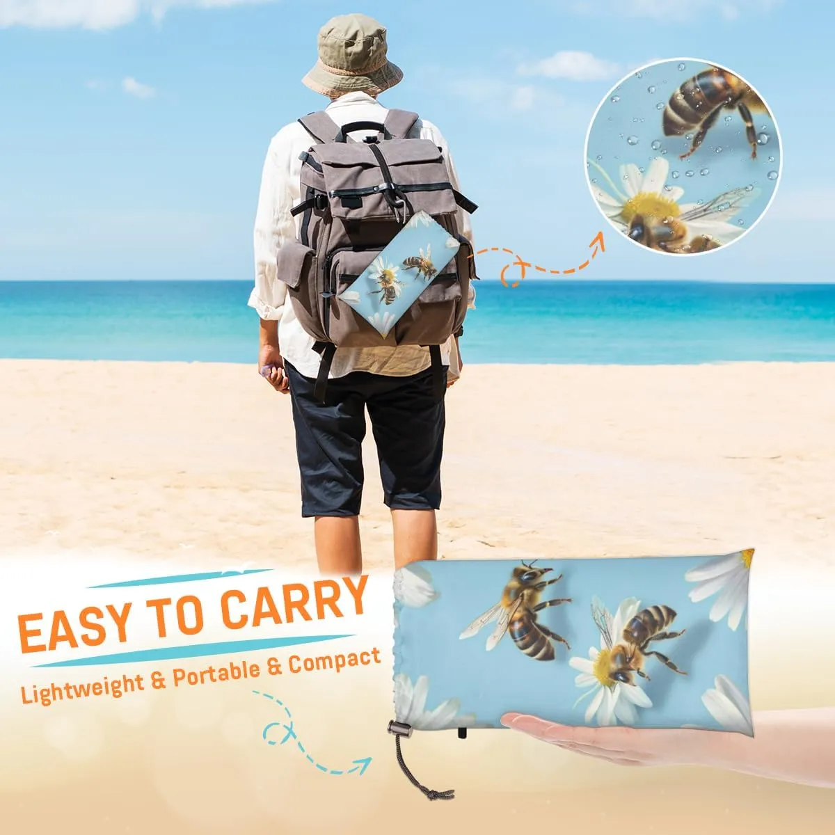 Bee Daisy Beach Blanket, Sandproof Beach Mat, Adults Waterproof Quick Drying Sand Free Mat with 4 x Ground Spikes for Outdoor Travel Camping Hiking, Flowers with Bee