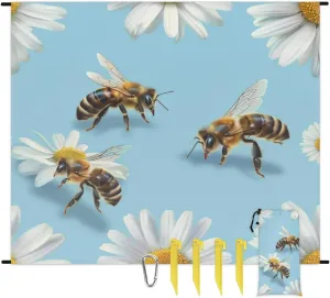 Bee Daisy Beach Blanket, Sandproof Beach Mat, Adults Waterproof Quick Drying Sand Free Mat with 4 x Ground Spikes for Outdoor Travel Camping Hiking, Flowers with Bee