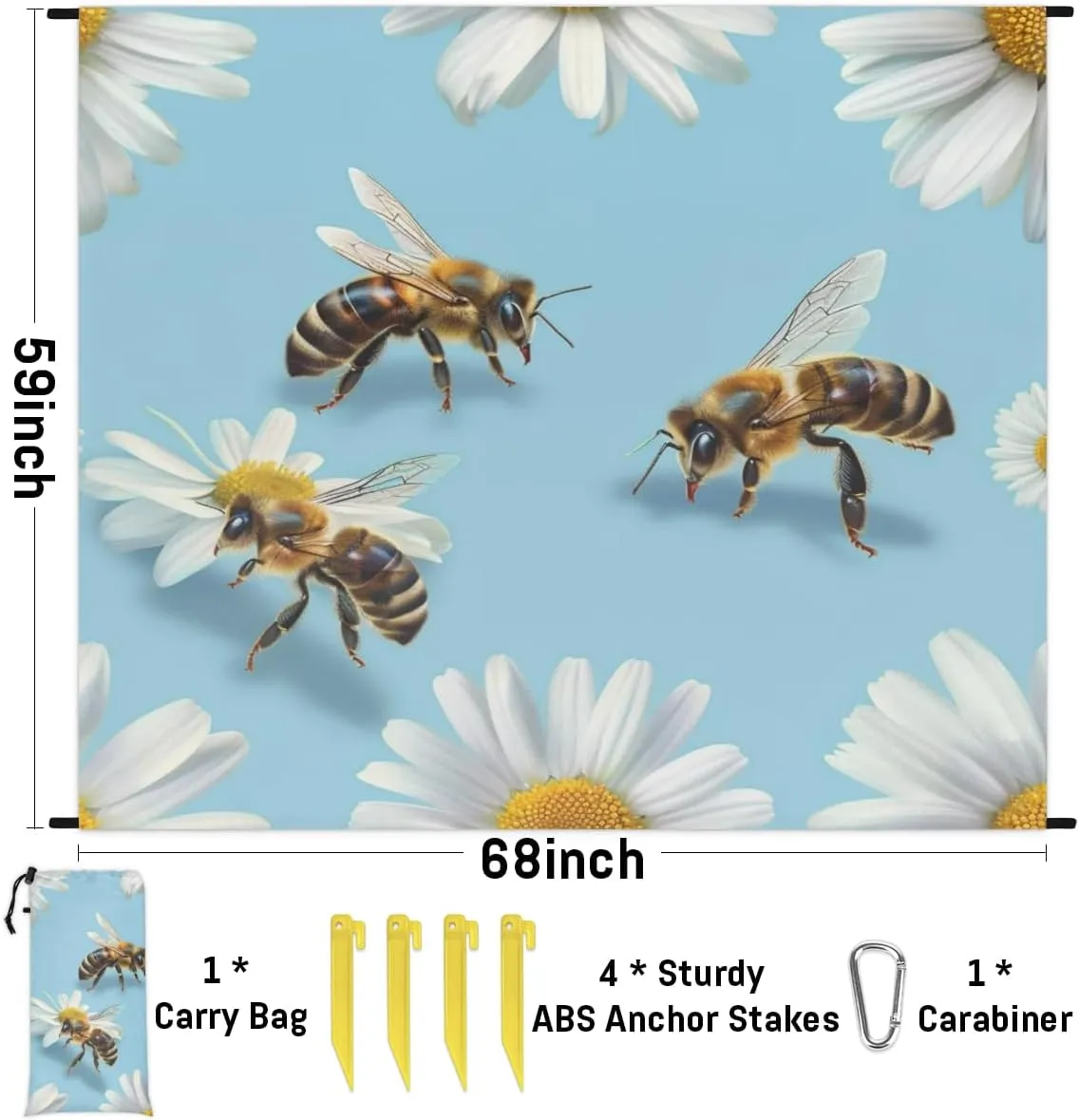 Bee Daisy Beach Blanket, Sandproof Beach Mat, Adults Waterproof Quick Drying Sand Free Mat with 4 x Ground Spikes for Outdoor Travel Camping Hiking, Flowers with Bee
