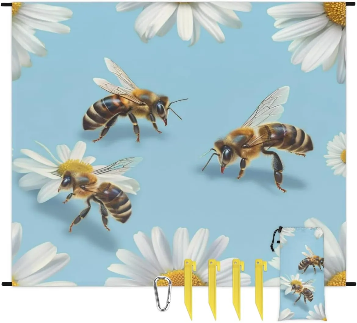 Bee Daisy Beach Blanket, Sandproof Beach Mat, Adults Waterproof Quick Drying Sand Free Mat with 4 x Ground Spikes for Outdoor Travel Camping Hiking, Flowers with Bee