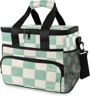 Beige Green Buffalo Plaid Cooler Bag Insulated Cooler Soft Sided Cooler 24 Can Portable Picnic Bag Large Leakproof Lunch Bag Box for Beach Grocery Camping Travel Car Men Women