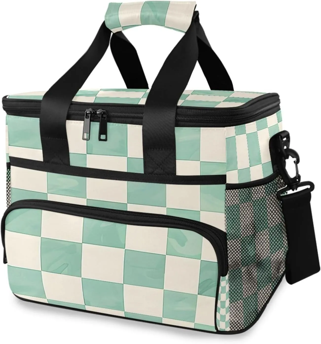 Beige Green Buffalo Plaid Cooler Bag Insulated Cooler Soft Sided Cooler 24 Can Portable Picnic Bag Large Leakproof Lunch Bag Box for Beach Grocery Camping Travel Car Men Women