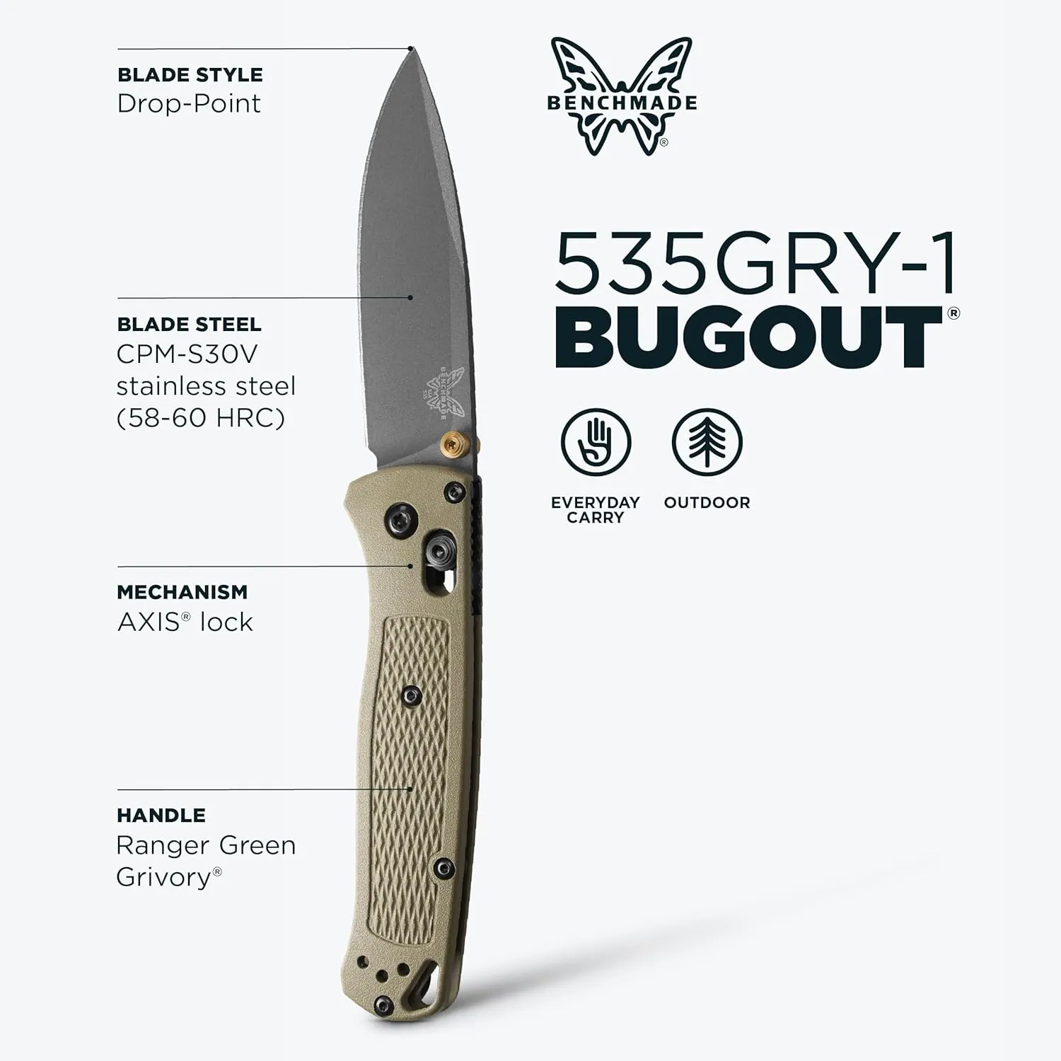 Benchmade - Bugout 535 EDC Knife with Ranger Green Grivory Handle (535GRY-1)