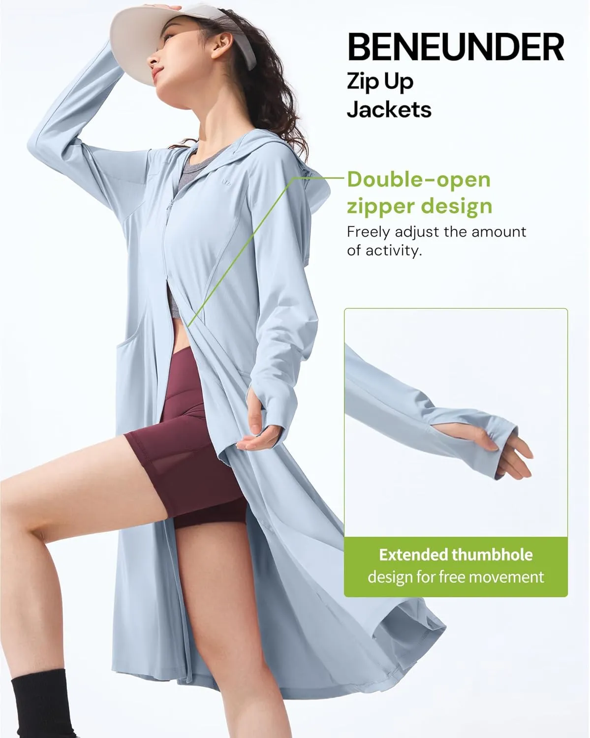 BENEUNDER Upgraded UPF50  Sun Protection Women's Long Lightweight Hoodie Jacket Active Sun Shirts for Outdoor Hiking Workout