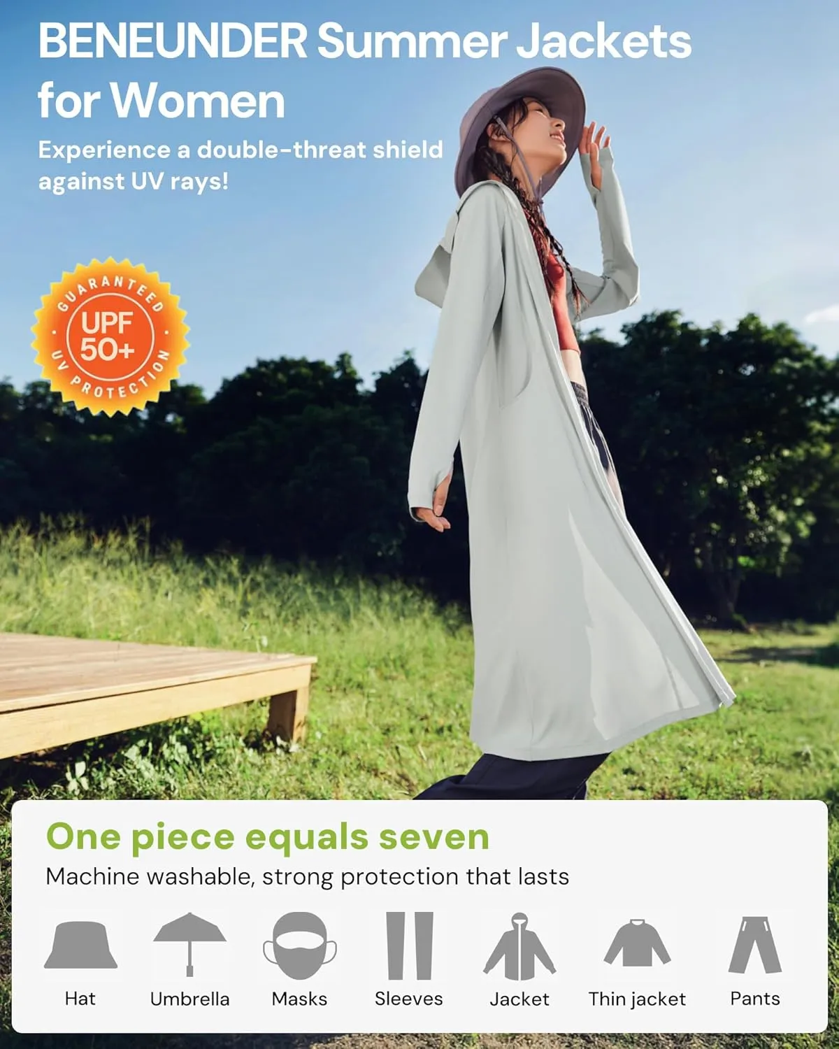 BENEUNDER Upgraded UPF50  Sun Protection Women's Long Lightweight Hoodie Jacket Active Sun Shirts for Outdoor Hiking Workout